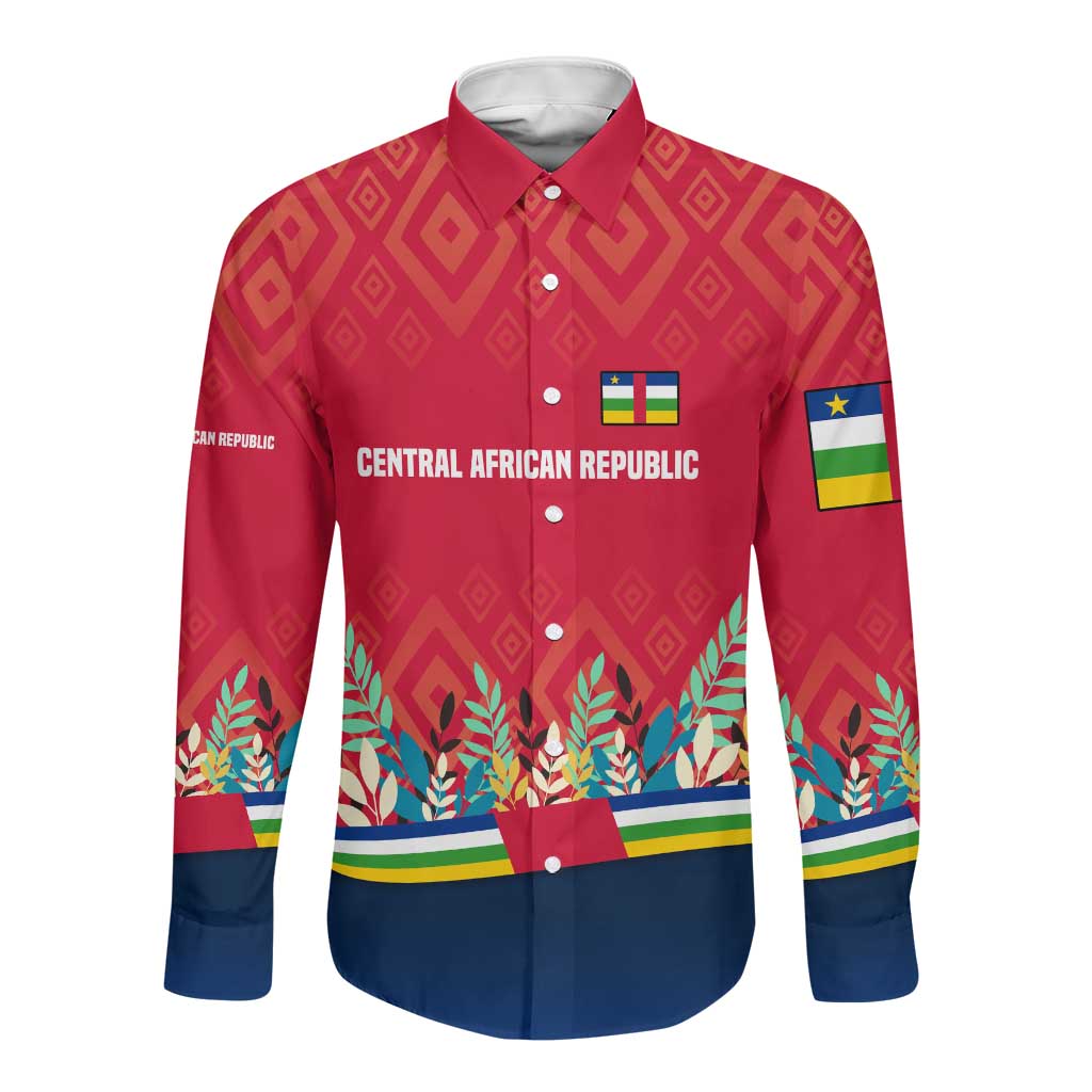 Central African Republic Long Sleeve Button Shirt Red Blue Green Tribal Design - African Pride