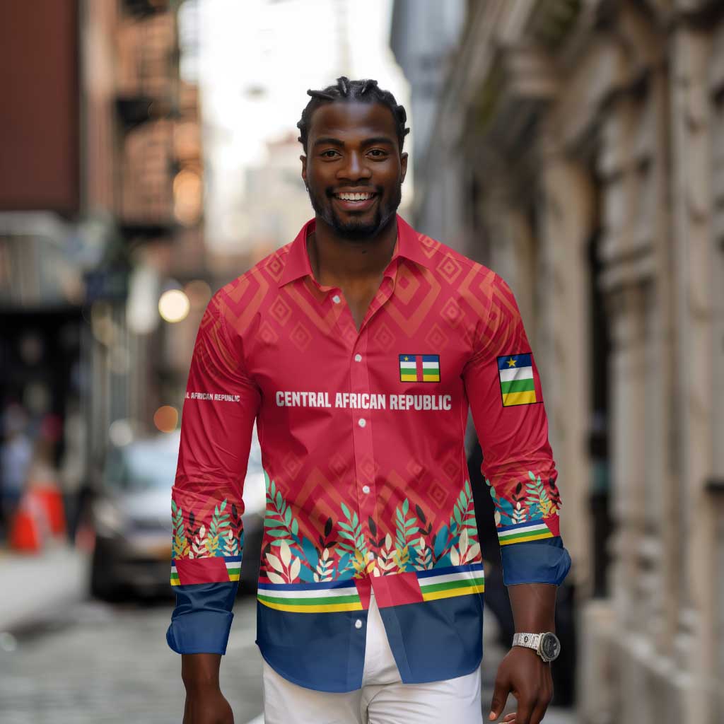Central African Republic Long Sleeve Button Shirt Red Blue Green Tribal Design - African Pride