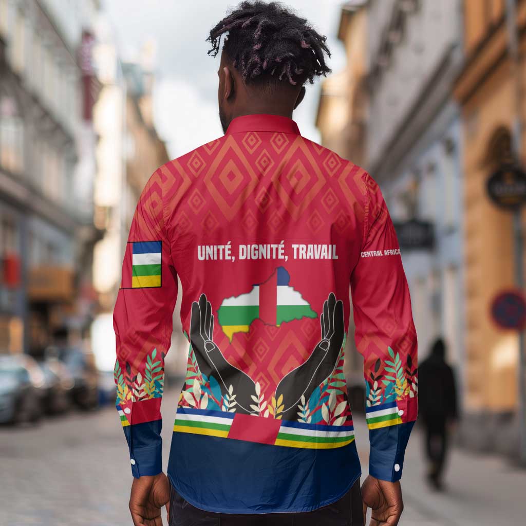 Central African Republic Long Sleeve Button Shirt Red Blue Green Tribal Design - African Pride