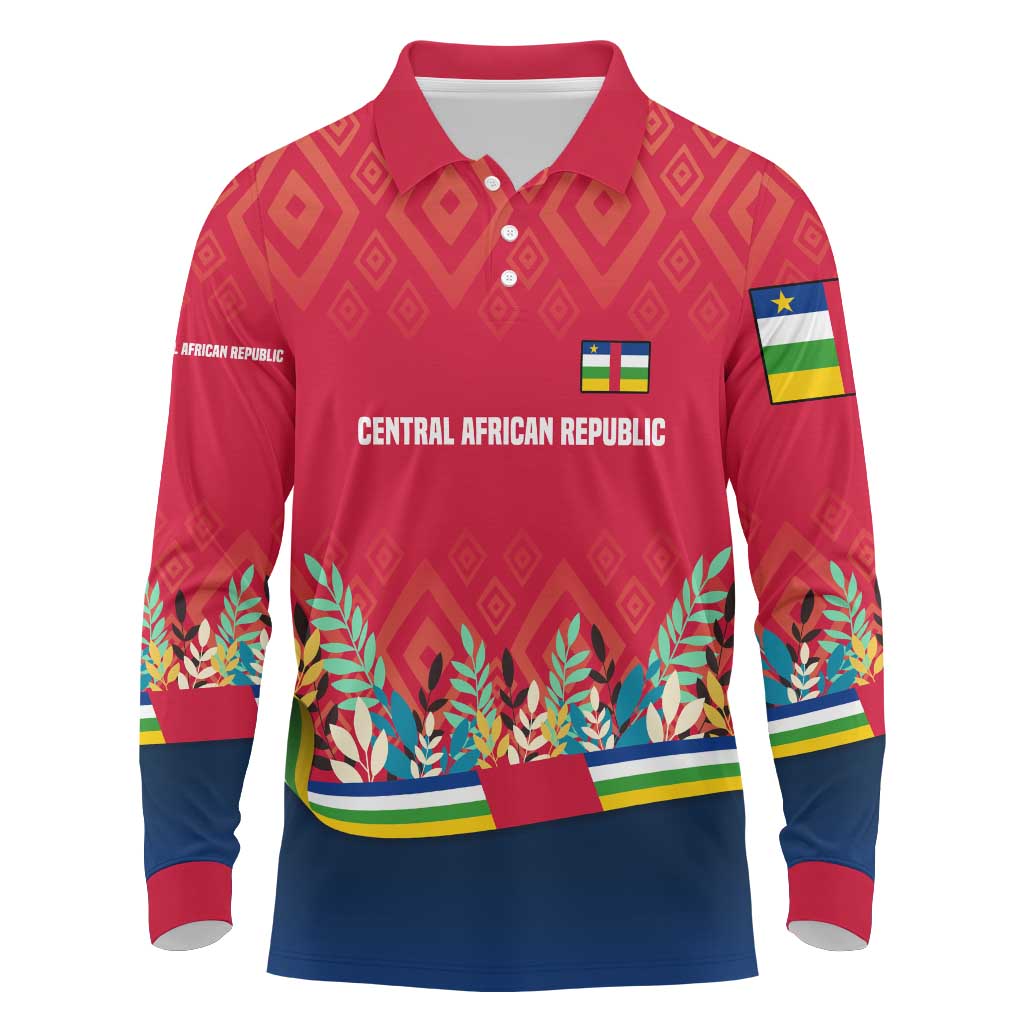 Central African Republic Long Sleeve Polo Shirt Red Blue Green Tribal Design - African Pride