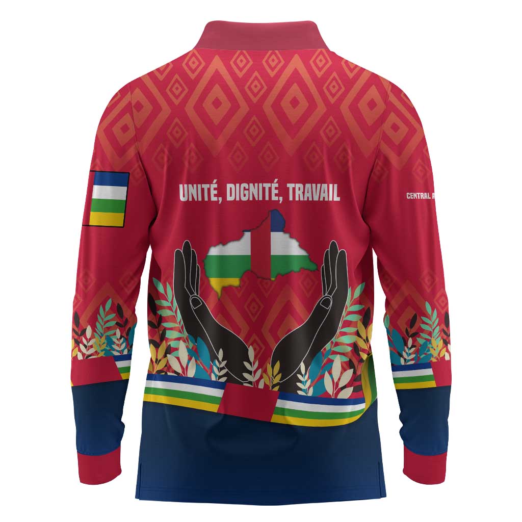Central African Republic Long Sleeve Polo Shirt Red Blue Green Tribal Design - African Pride