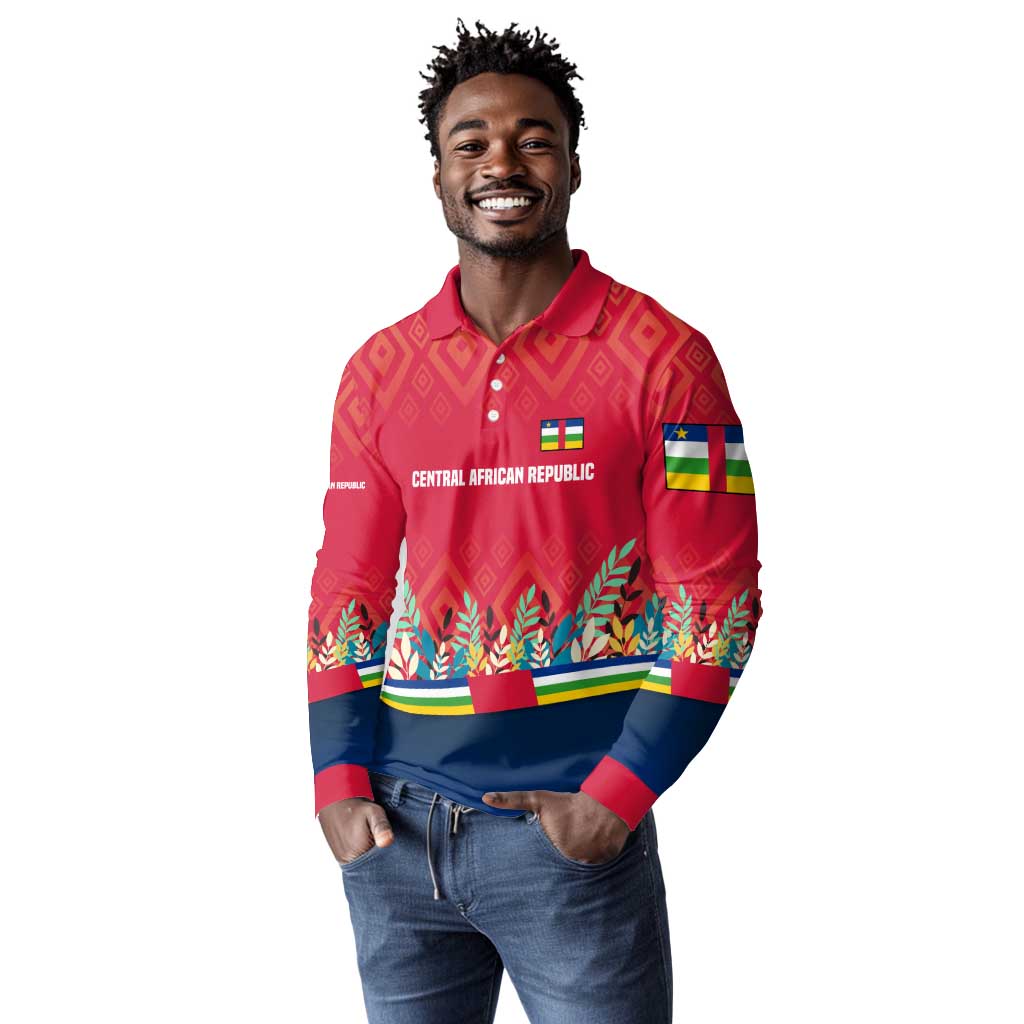 Central African Republic Long Sleeve Polo Shirt Red Blue Green Tribal Design - African Pride