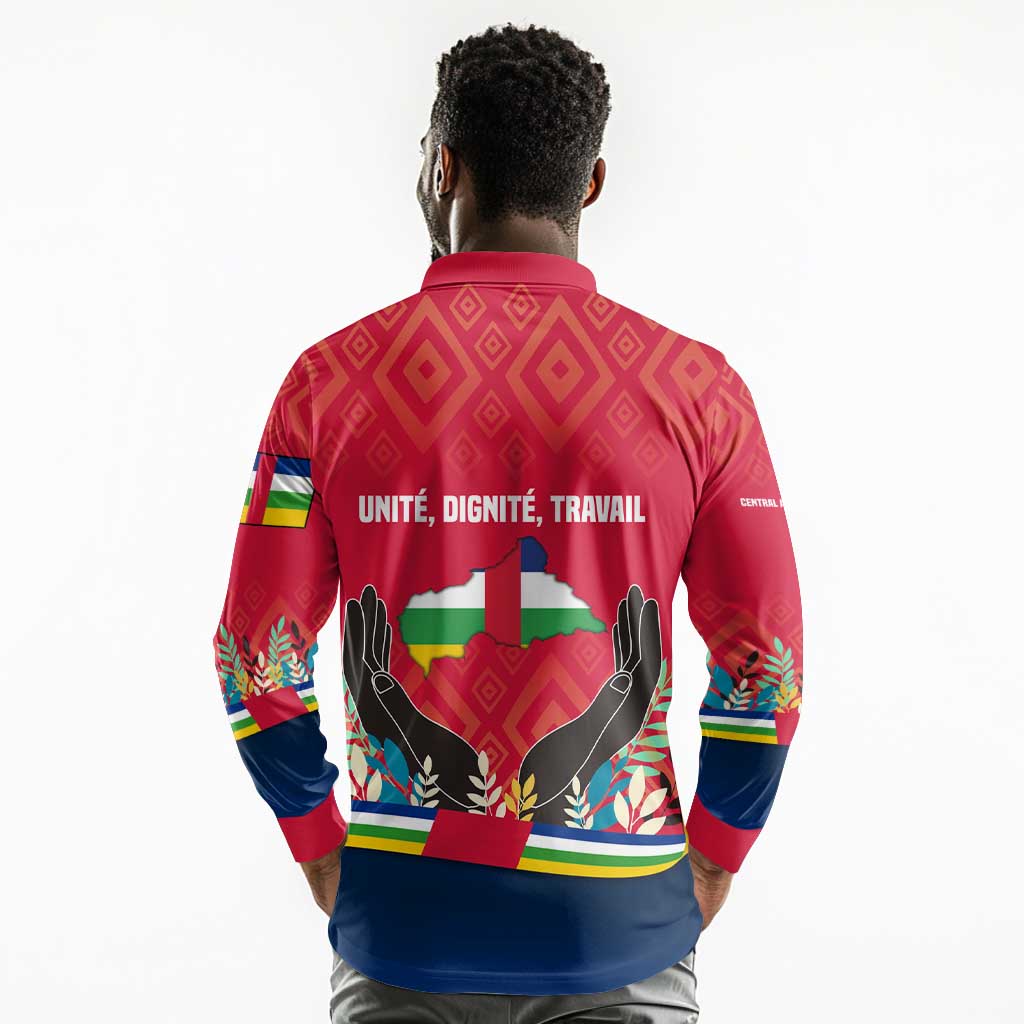 Central African Republic Long Sleeve Polo Shirt Red Blue Green Tribal Design - African Pride