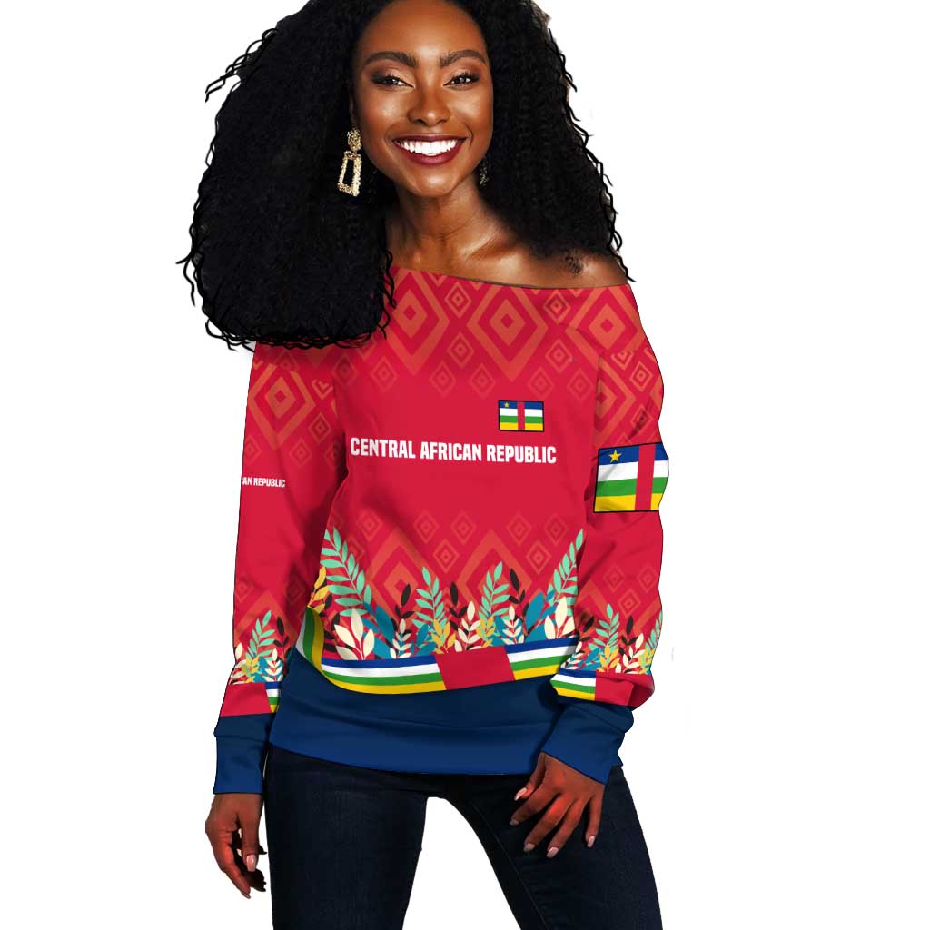 Central African Republic Off Shoulder Sweater Red Blue Green Tribal Design - African Pride