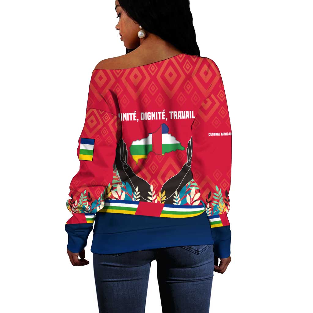 Central African Republic Off Shoulder Sweater Red Blue Green Tribal Design - African Pride