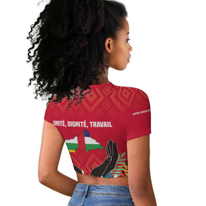 Central African Republic Raglan Cropped T shirt Red Blue Green Tribal Design - African Pride