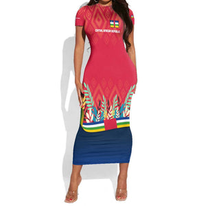 Central African Republic Short Sleeve Bodycon Dress Red Blue Green Tribal Design - African Pride