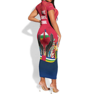 Central African Republic Short Sleeve Bodycon Dress Red Blue Green Tribal Design - African Pride