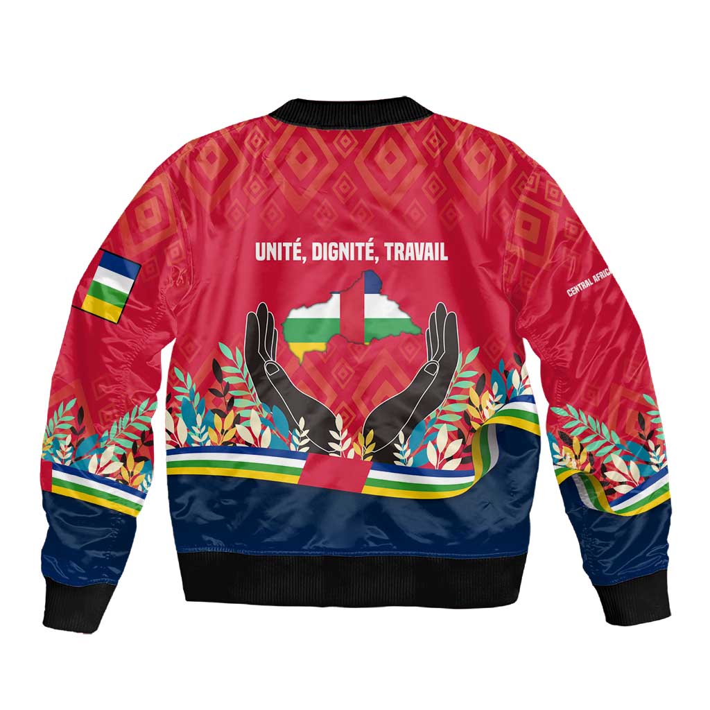 Central African Republic Sleeve Zip Bomber Jacket Red Blue Green Tribal Design - African Pride