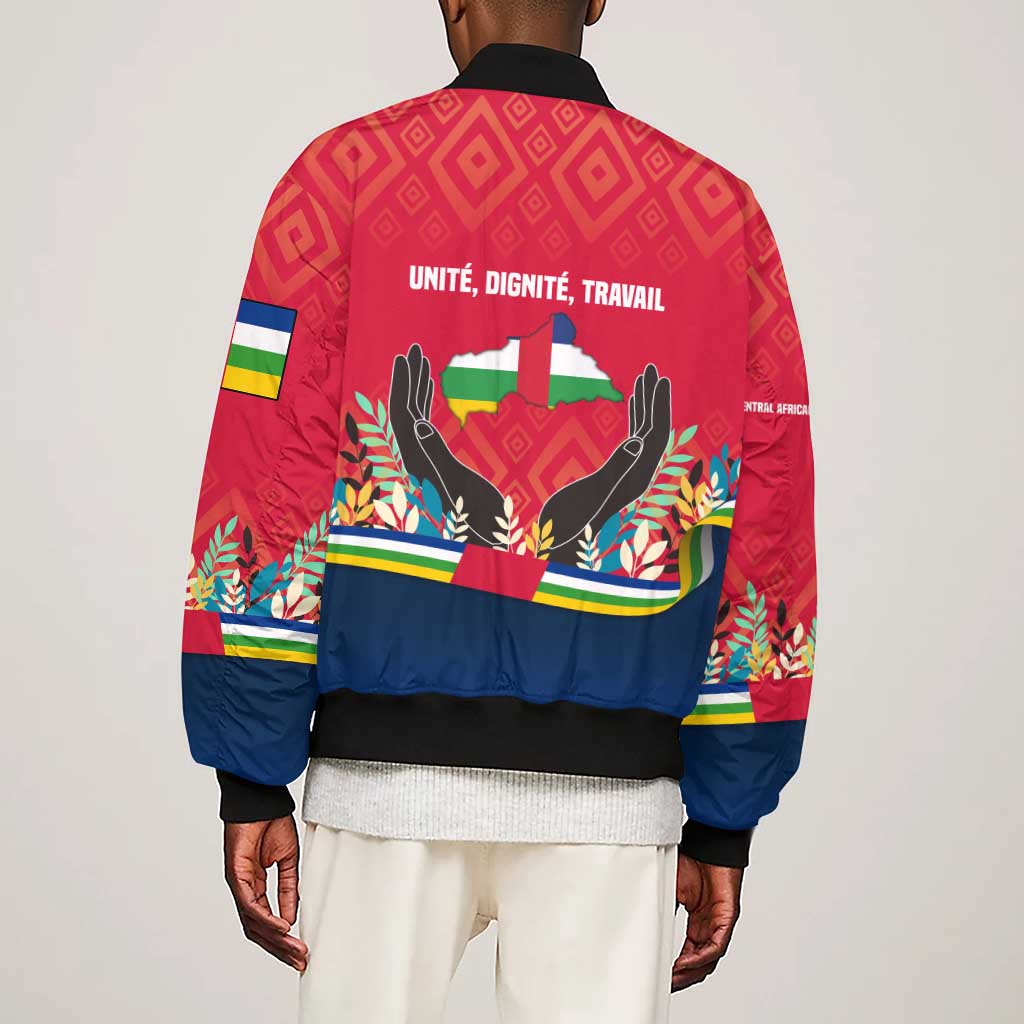 Central African Republic Sleeve Zip Bomber Jacket Red Blue Green Tribal Design - African Pride
