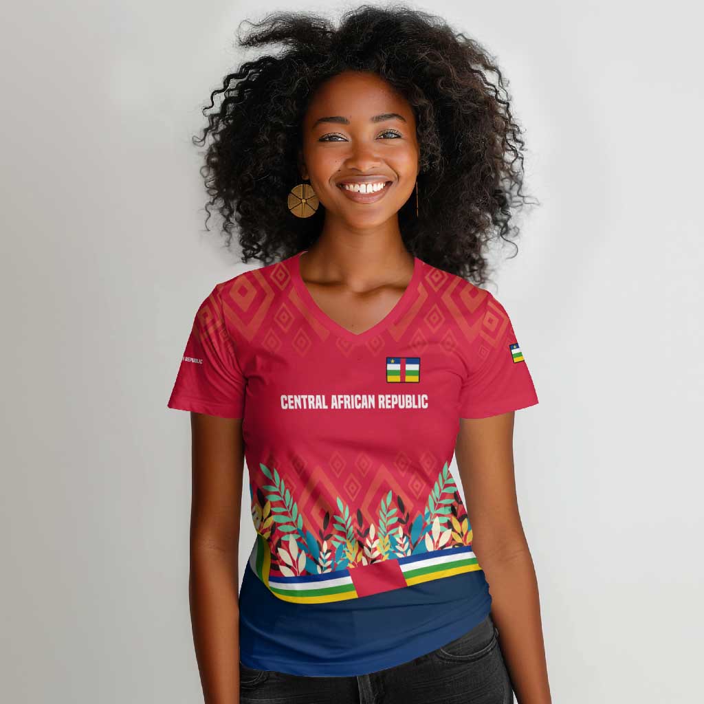Central African Republic Women V-Neck T-Shirt Red Blue Green Tribal Design - African Pride