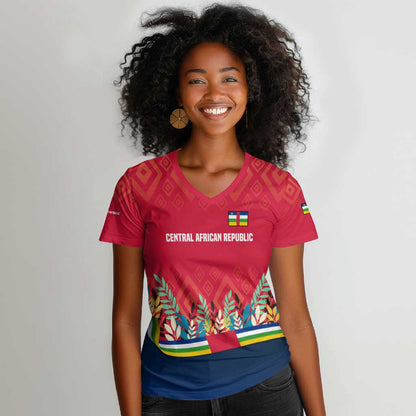 Central African Republic Women V-Neck T-Shirt Red Blue Green Tribal Design - African Pride