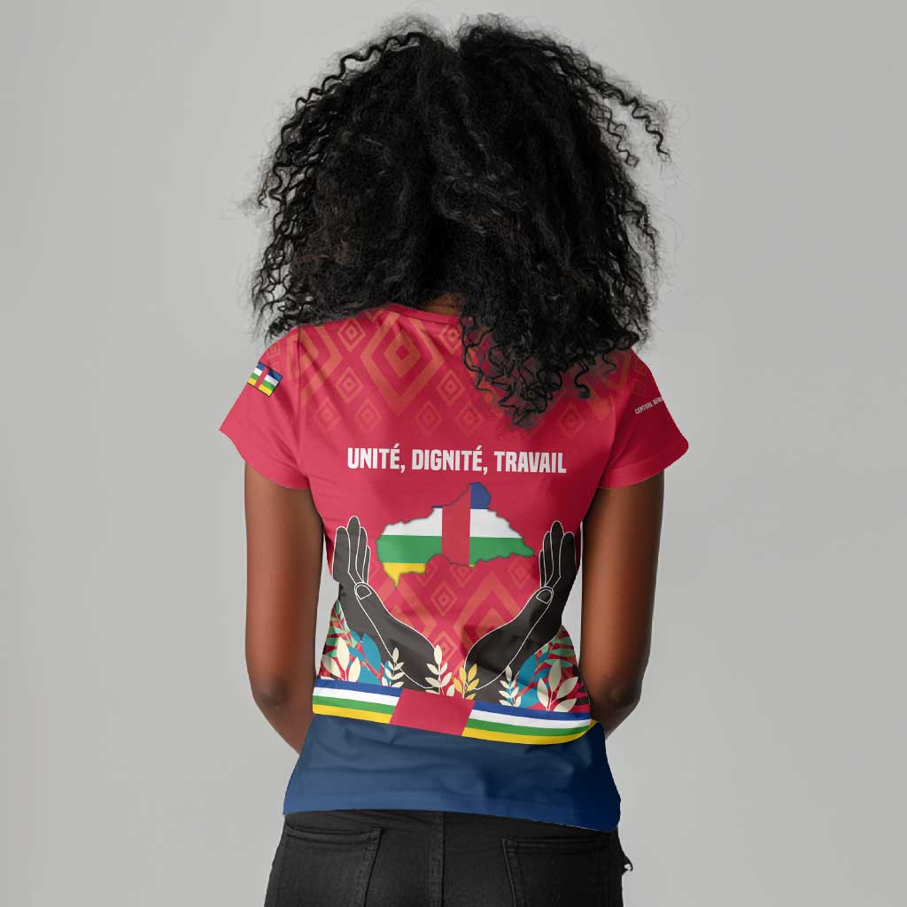 Central African Republic Women V-Neck T-Shirt Red Blue Green Tribal Design - African Pride