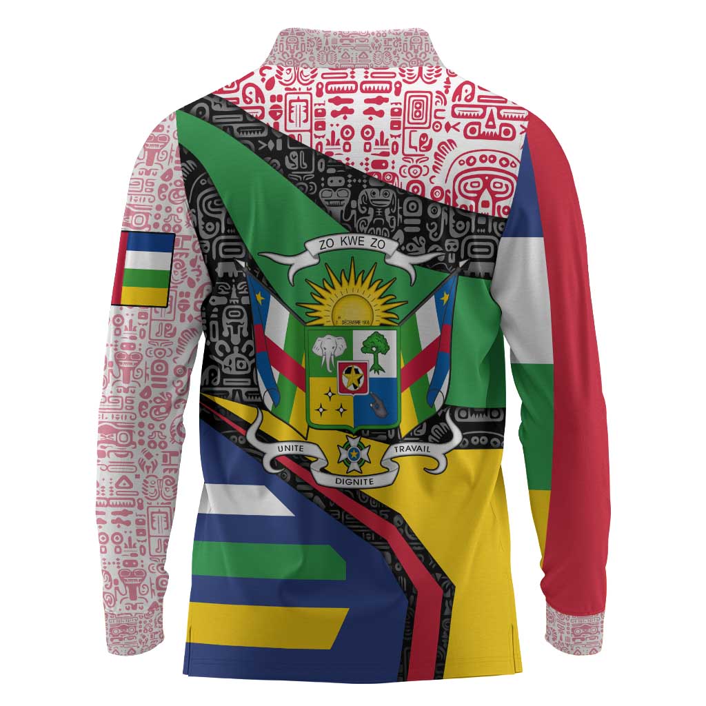 Central African Republic Long Sleeve Polo Shirt Multicolor Tribal Design - African Pride