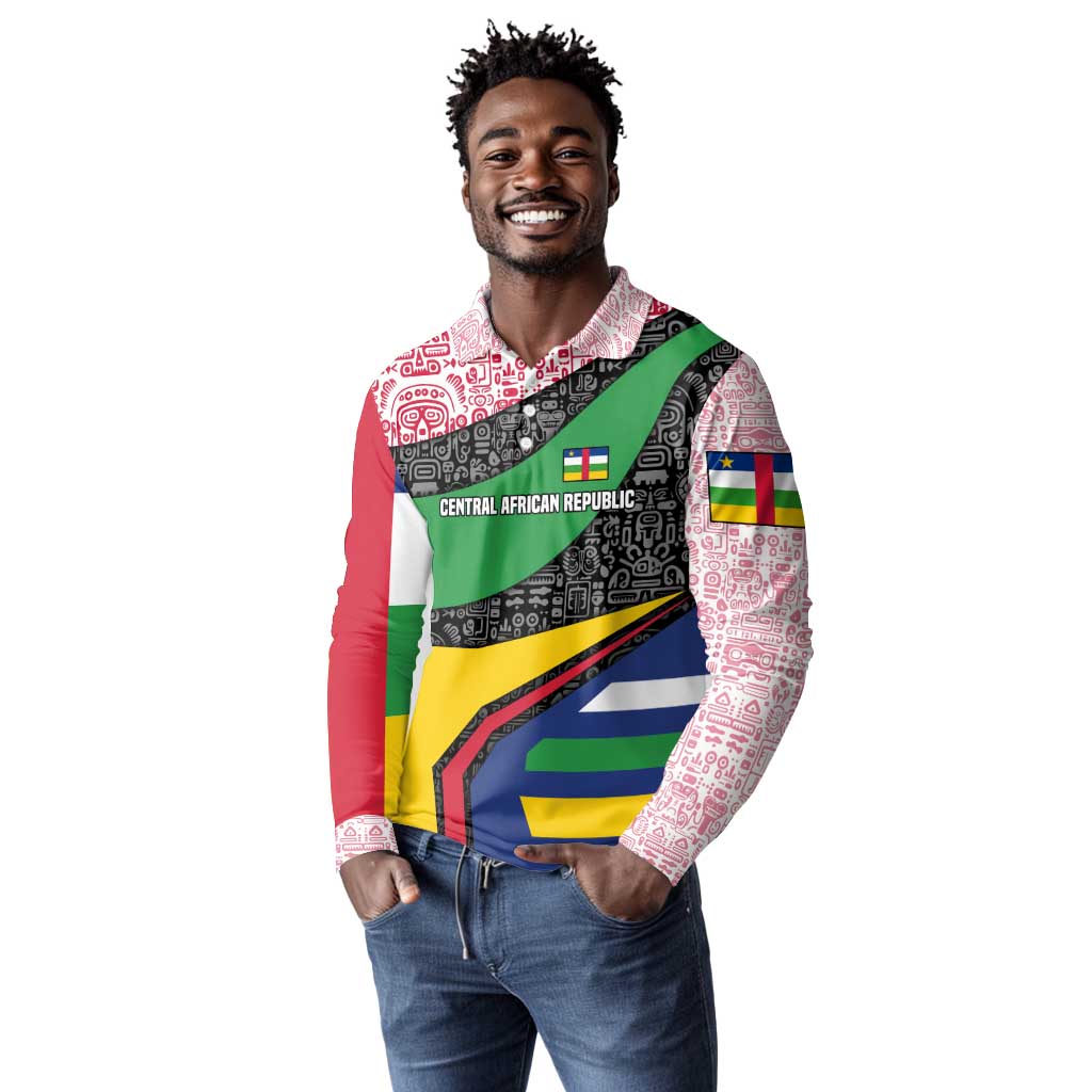 Central African Republic Long Sleeve Polo Shirt Multicolor Tribal Design - African Pride