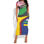 Central African Republic Short Sleeve Bodycon Dress Multicolor Tribal Design - African Pride