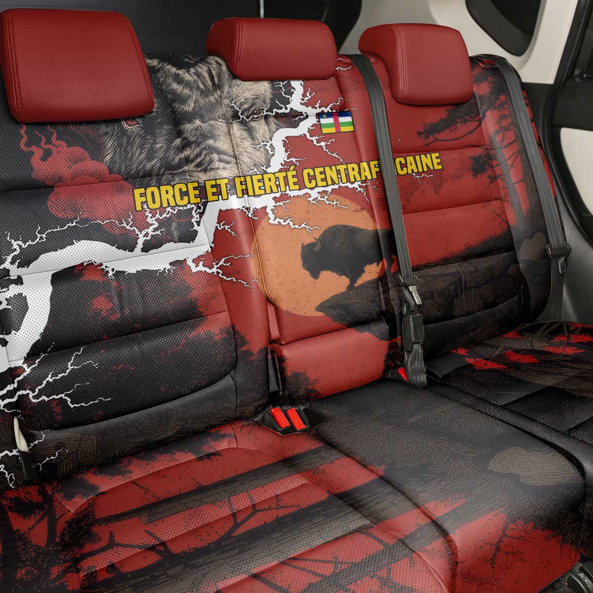 Central African Republic Back Car Seat Cover Red Black Nature Design and Buffalo - African Pride