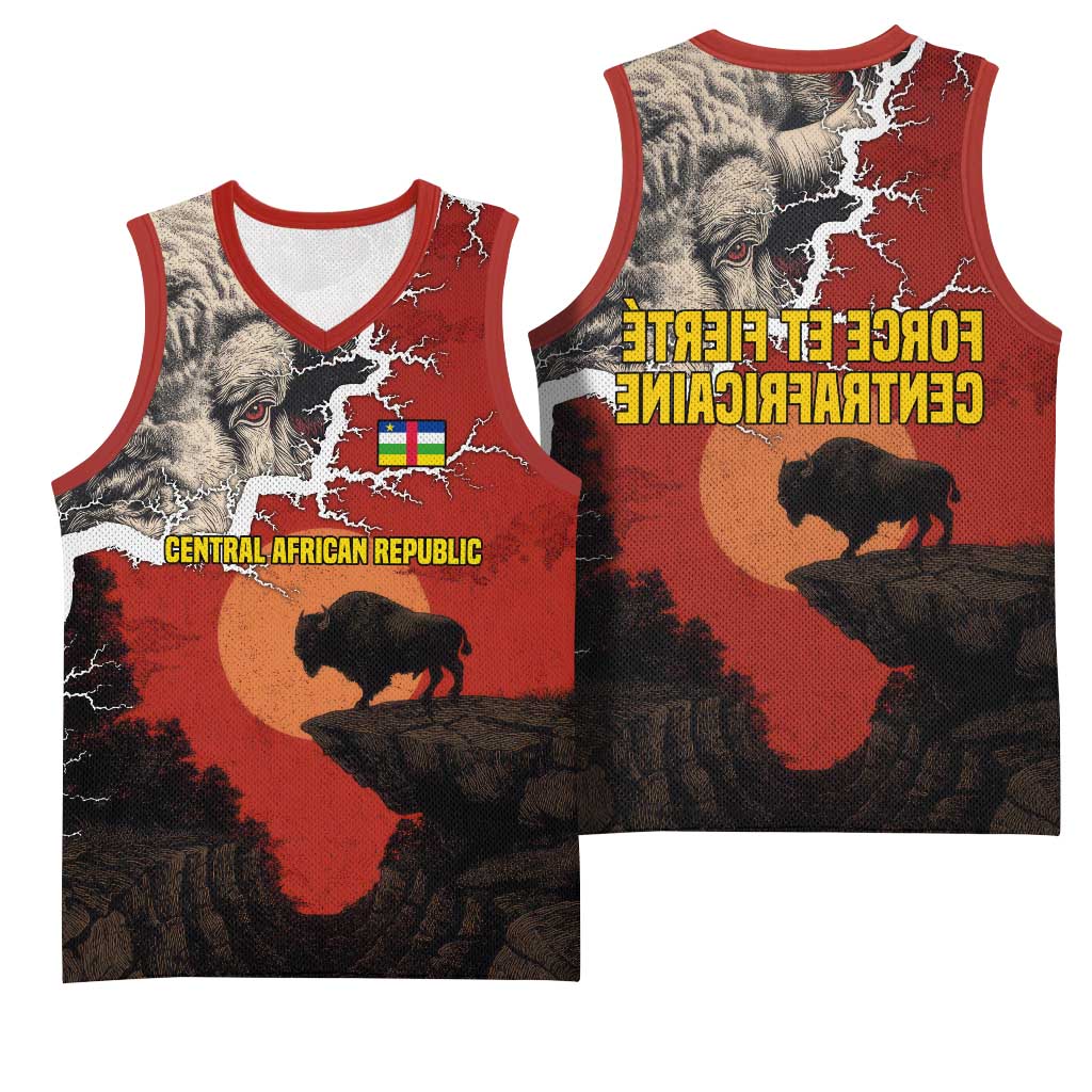 Central African Republic Basketball Jersey Red Black Nature Design and Buffalo - African Pride