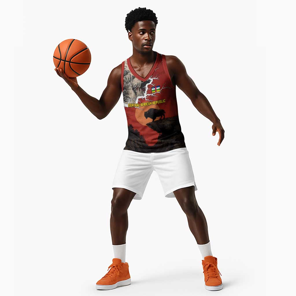 Central African Republic Basketball Jersey Red Black Nature Design and Buffalo - African Pride