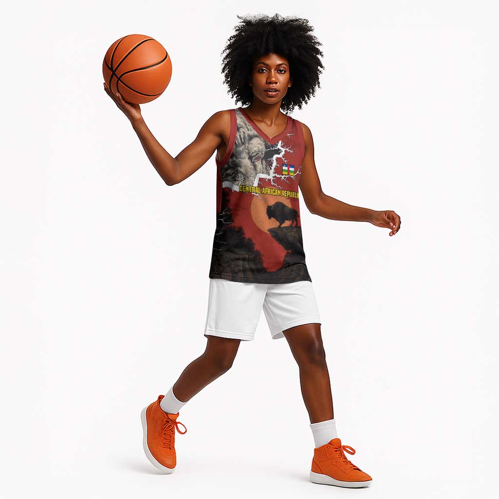 Central African Republic Basketball Jersey Red Black Nature Design and Buffalo - African Pride