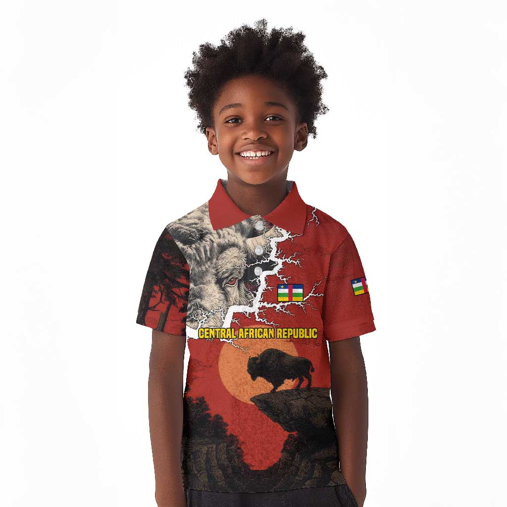 Central African Republic Kid Polo Shirt Red Black Nature Design and Buffalo - African Pride