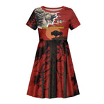 Central African Republic Kid Short Sleeve Dress Red Black Nature Design and Buffalo - African Pride