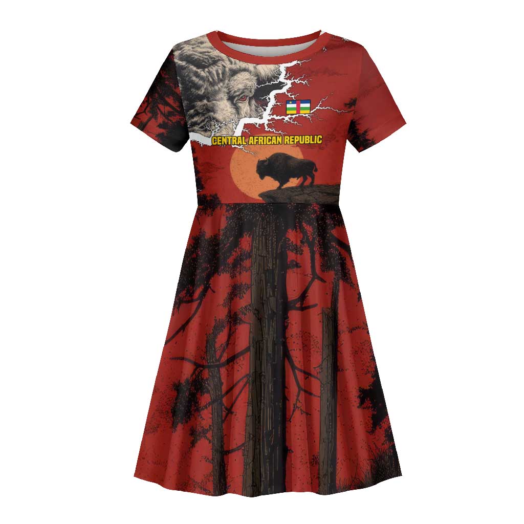 Central African Republic Kid Short Sleeve Dress Red Black Nature Design and Buffalo - African Pride
