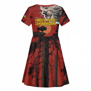 Central African Republic Kid Short Sleeve Dress Red Black Nature Design and Buffalo - African Pride