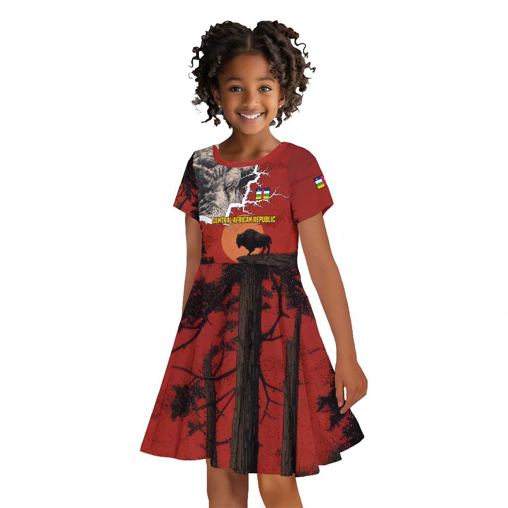 Central African Republic Kid Short Sleeve Dress Red Black Nature Design and Buffalo - African Pride