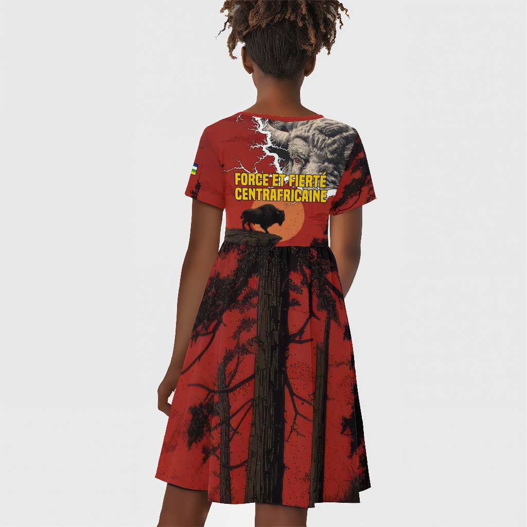 Central African Republic Kid Short Sleeve Dress Red Black Nature Design and Buffalo - African Pride