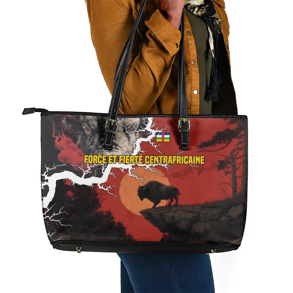 Central African Republic Leather Tote Bag Red Black Nature Design and Buffalo - African Pride