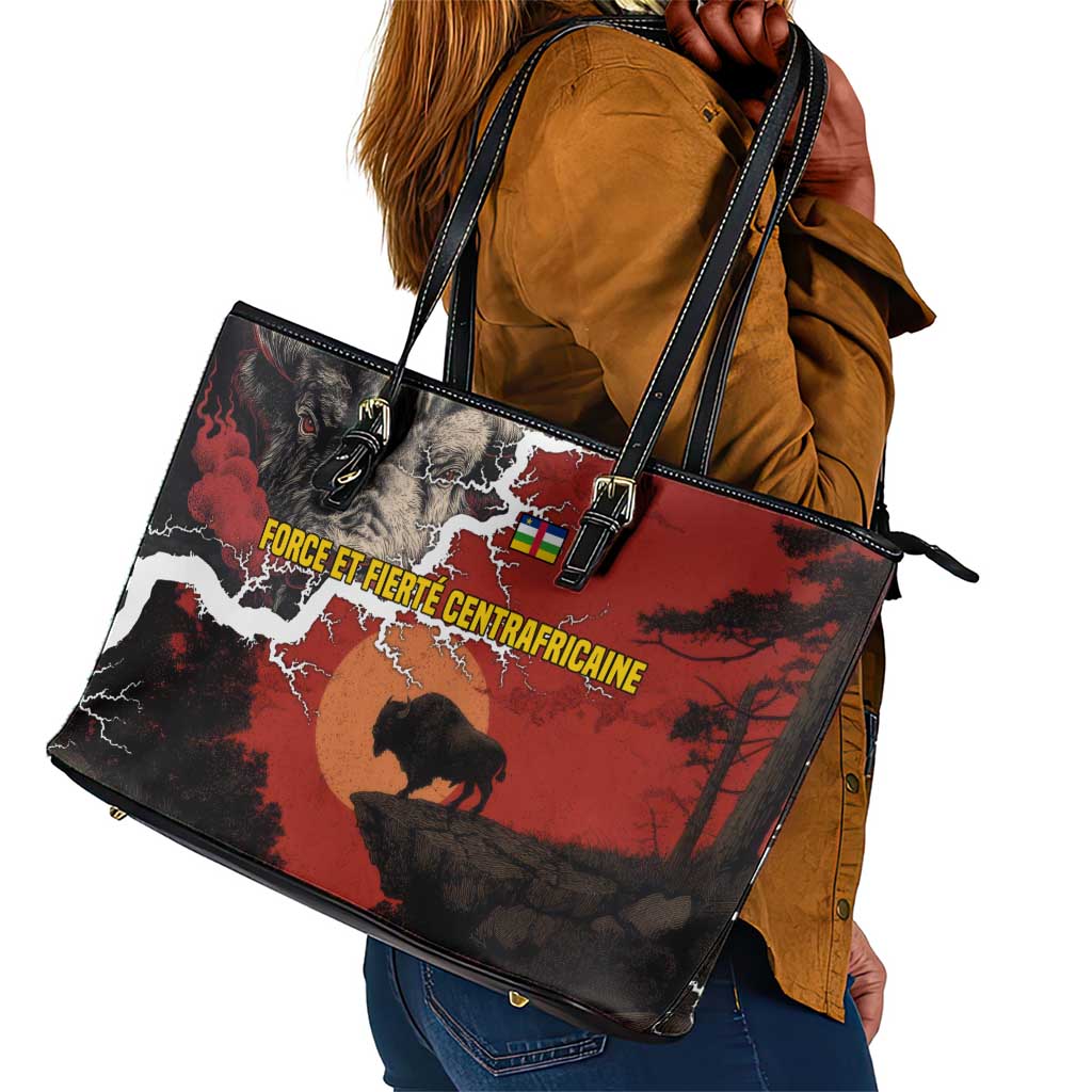Central African Republic Leather Tote Bag Red Black Nature Design and Buffalo - African Pride