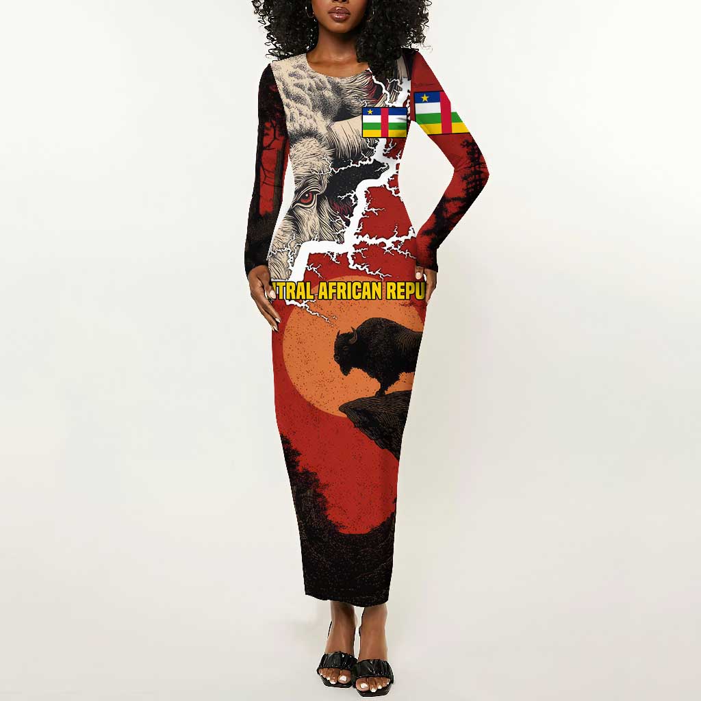 Central African Republic Long Sleeve Bodycon Dress Red Black Nature Design and Buffalo - African Pride