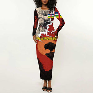 Central African Republic Long Sleeve Bodycon Dress Red Black Nature Design and Buffalo - African Pride