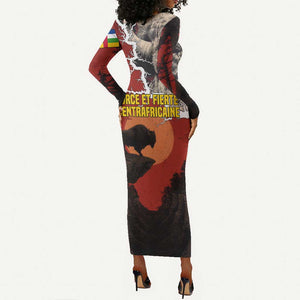 Central African Republic Long Sleeve Bodycon Dress Red Black Nature Design and Buffalo - African Pride