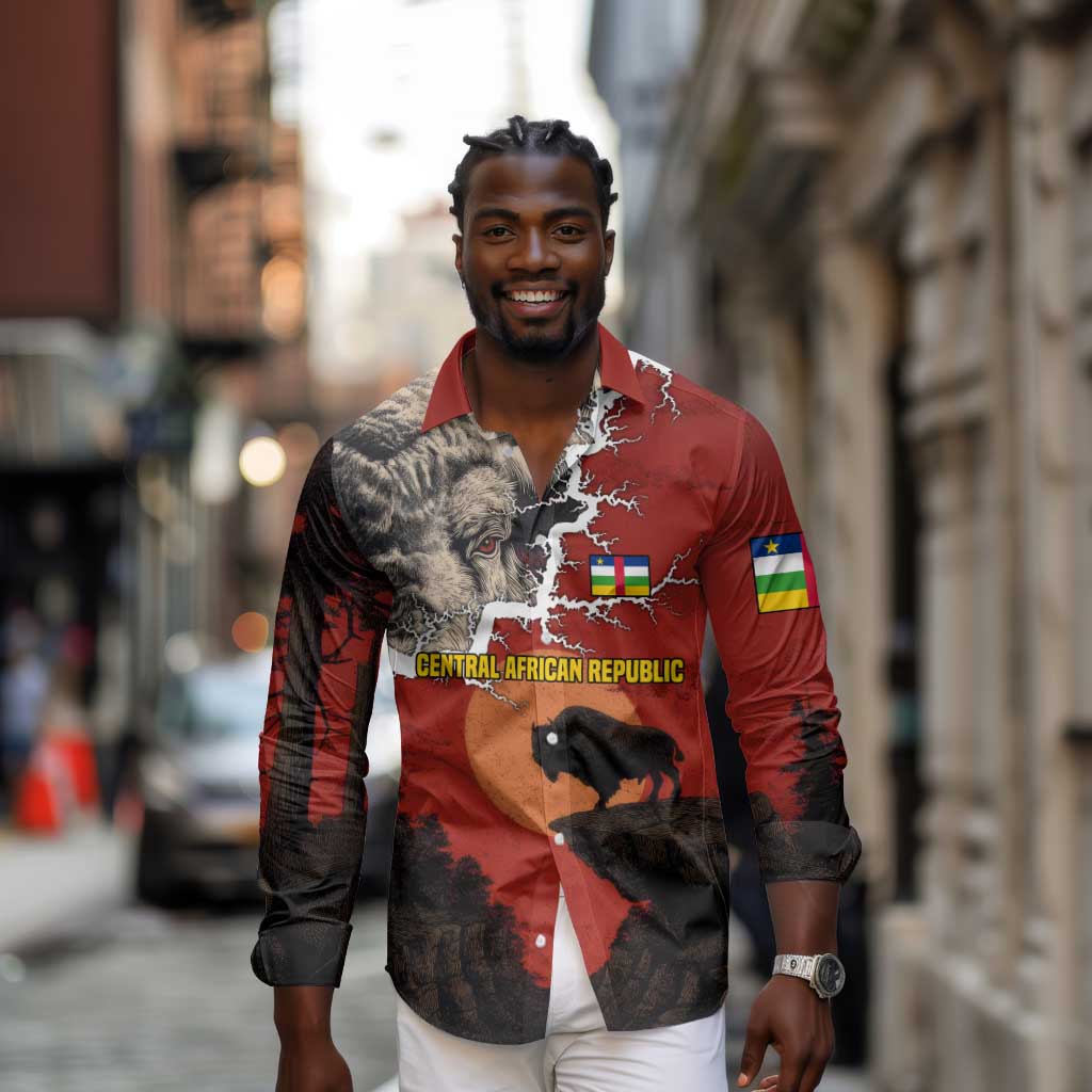 Central African Republic Long Sleeve Button Shirt Red Black Nature Design and Buffalo - African Pride