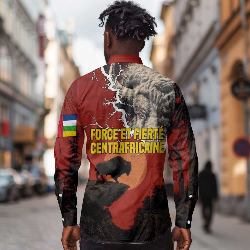 Central African Republic Long Sleeve Button Shirt Red Black Nature Design and Buffalo - African Pride