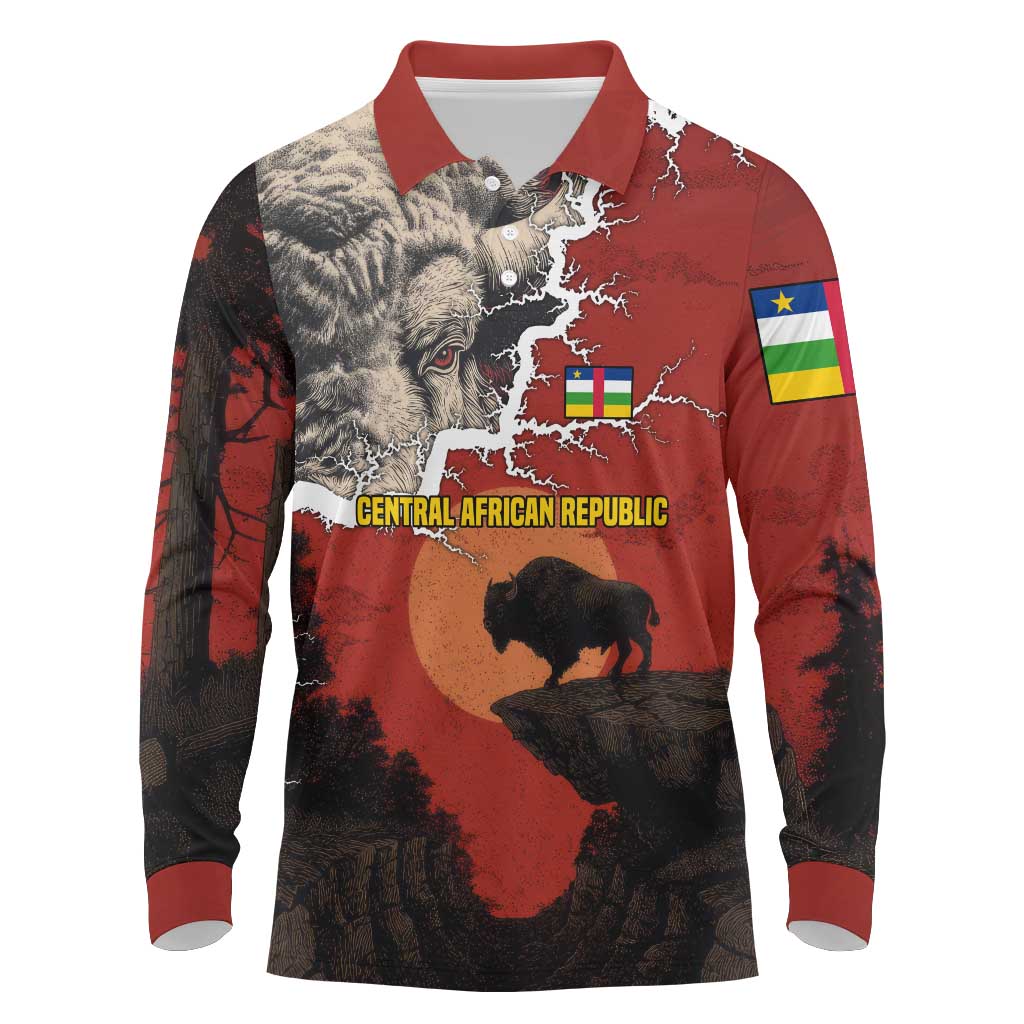 Central African Republic Long Sleeve Polo Shirt Red Black Nature Design and Buffalo - African Pride