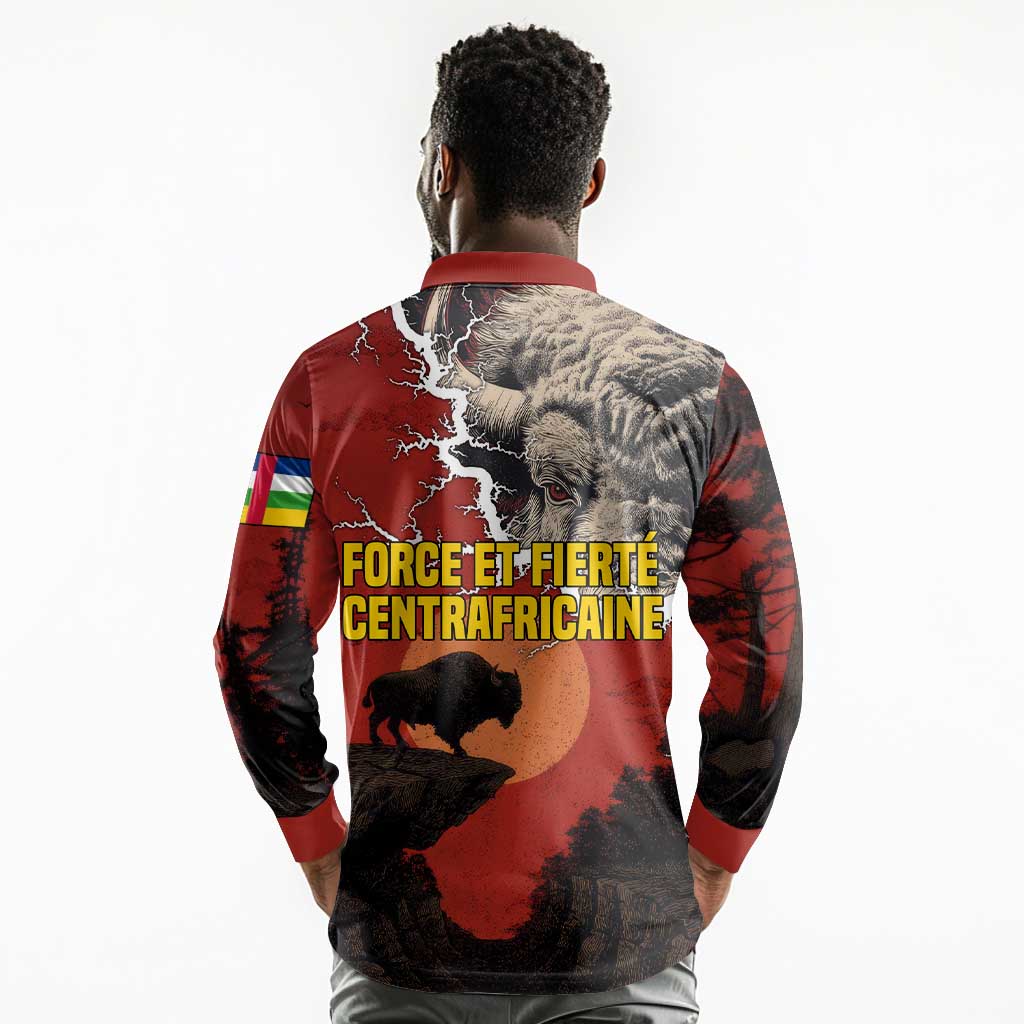 Central African Republic Long Sleeve Polo Shirt Red Black Nature Design and Buffalo - African Pride