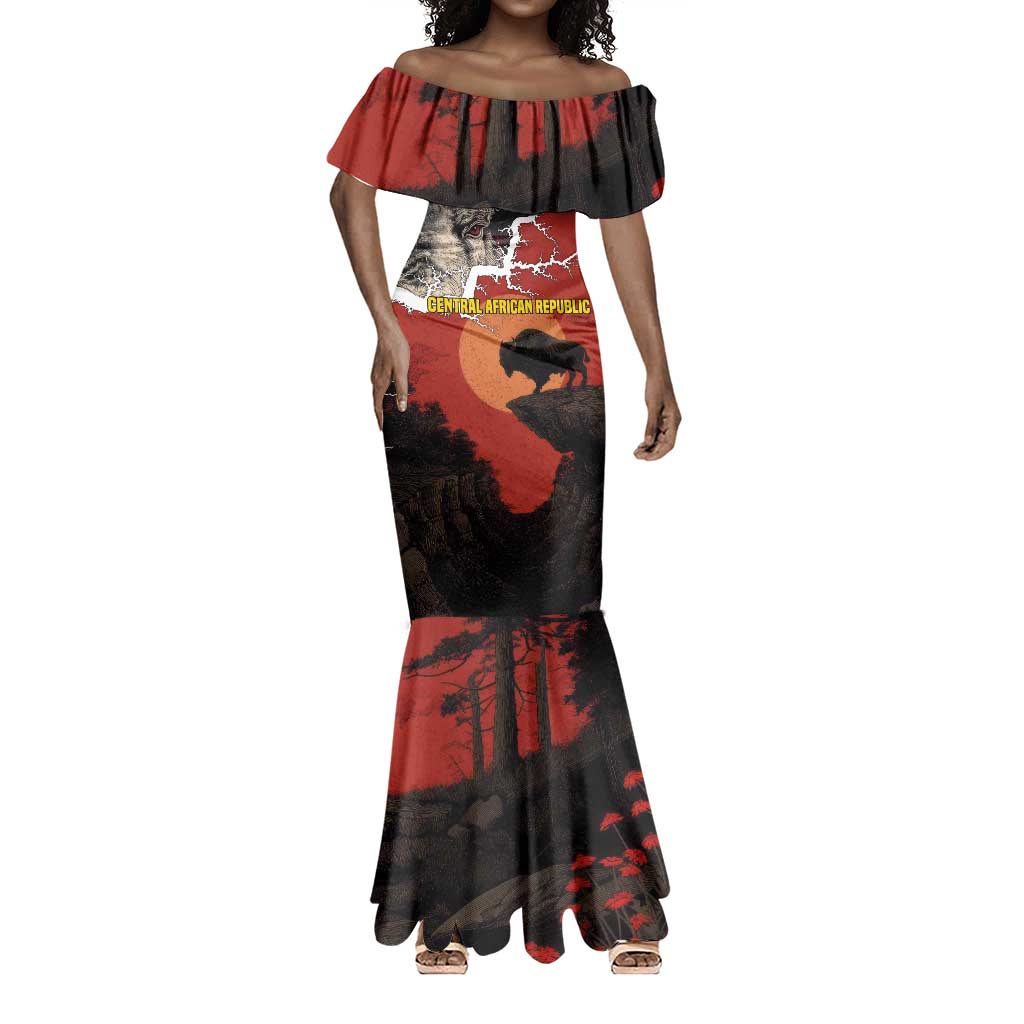 Central African Republic Mermaid Dress Red Black Nature Design and Buffalo - African Pride