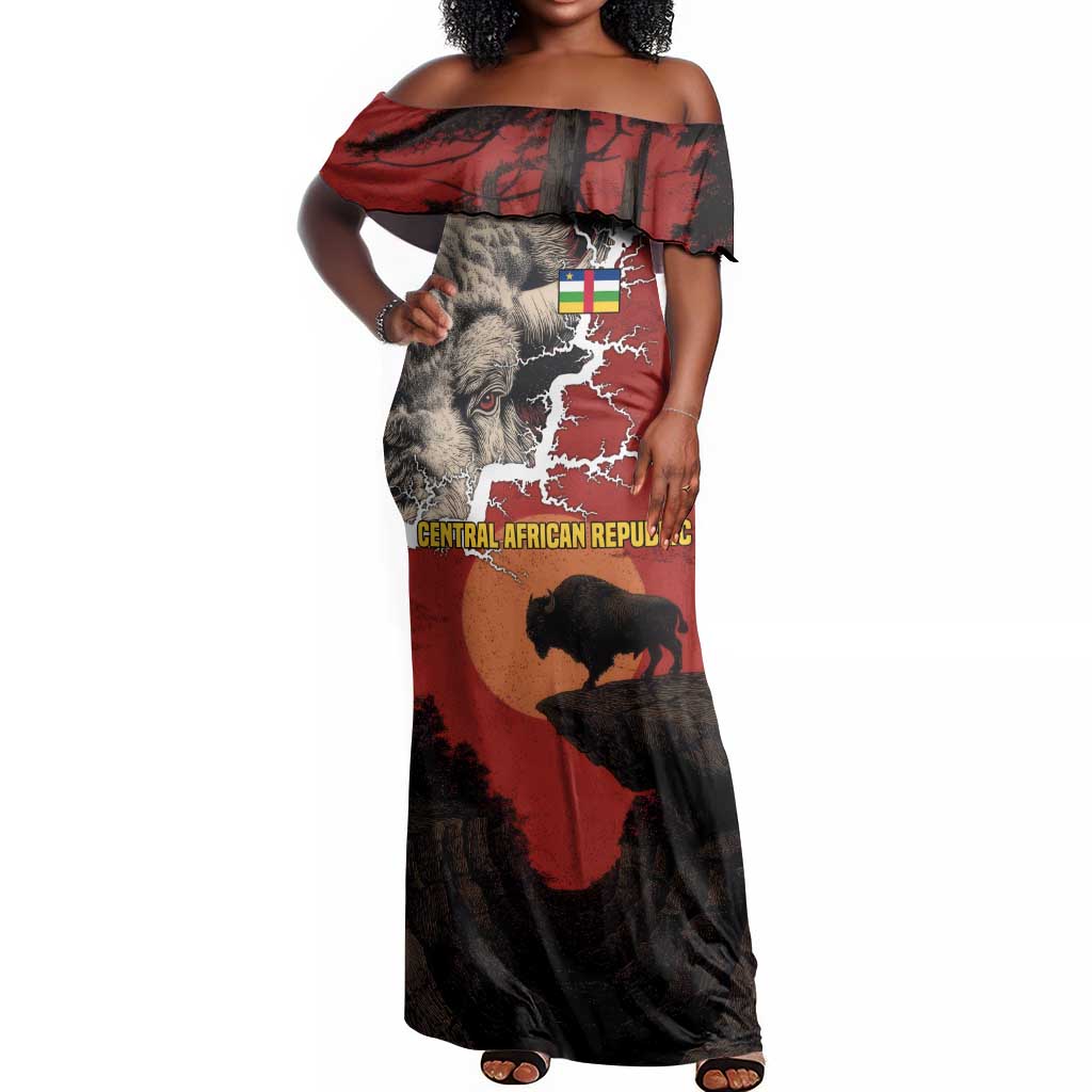 Central African Republic Off Shoulder Maxi Dress Red Black Nature Design and Buffalo - African Pride
