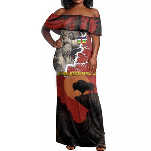 Central African Republic Off Shoulder Maxi Dress Red Black Nature Design and Buffalo - African Pride