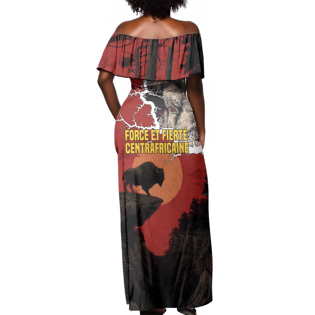 Central African Republic Off Shoulder Maxi Dress Red Black Nature Design and Buffalo - African Pride