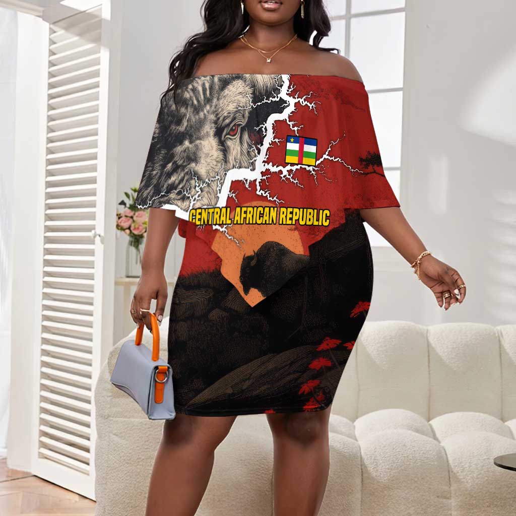 Central African Republic Off Shoulder Short Dress Red Black Nature Design and Buffalo - African Pride