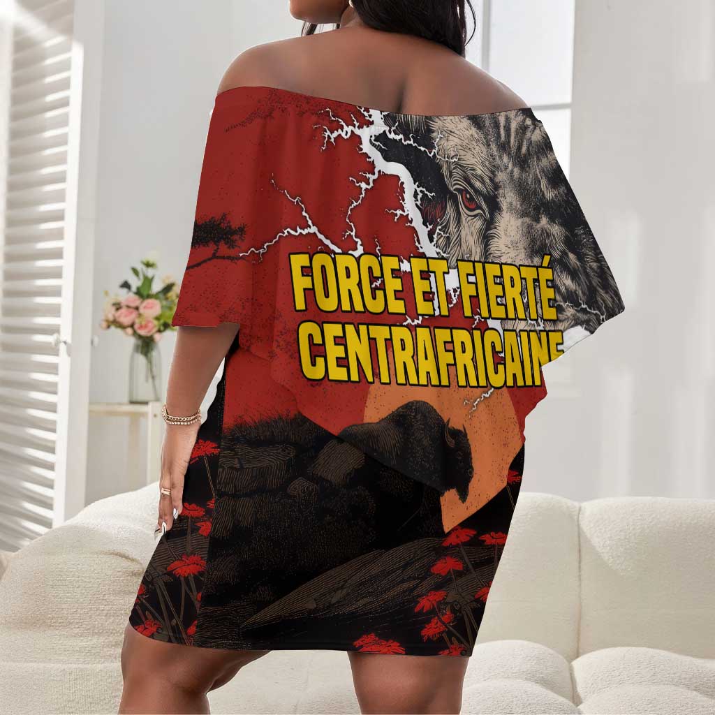 Central African Republic Off Shoulder Short Dress Red Black Nature Design and Buffalo - African Pride