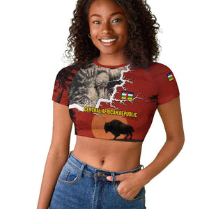 Central African Republic Raglan Cropped T shirt Red Black Nature Design and Buffalo - African Pride