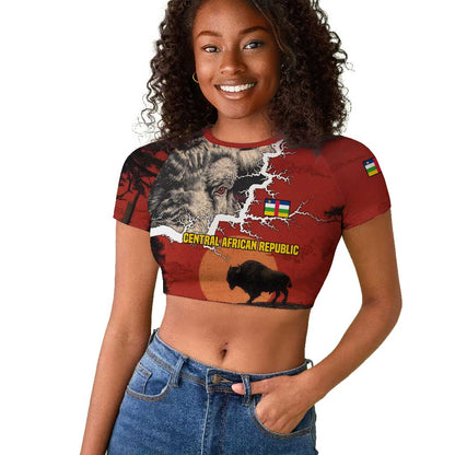 Central African Republic Raglan Cropped T shirt Red Black Nature Design and Buffalo - African Pride