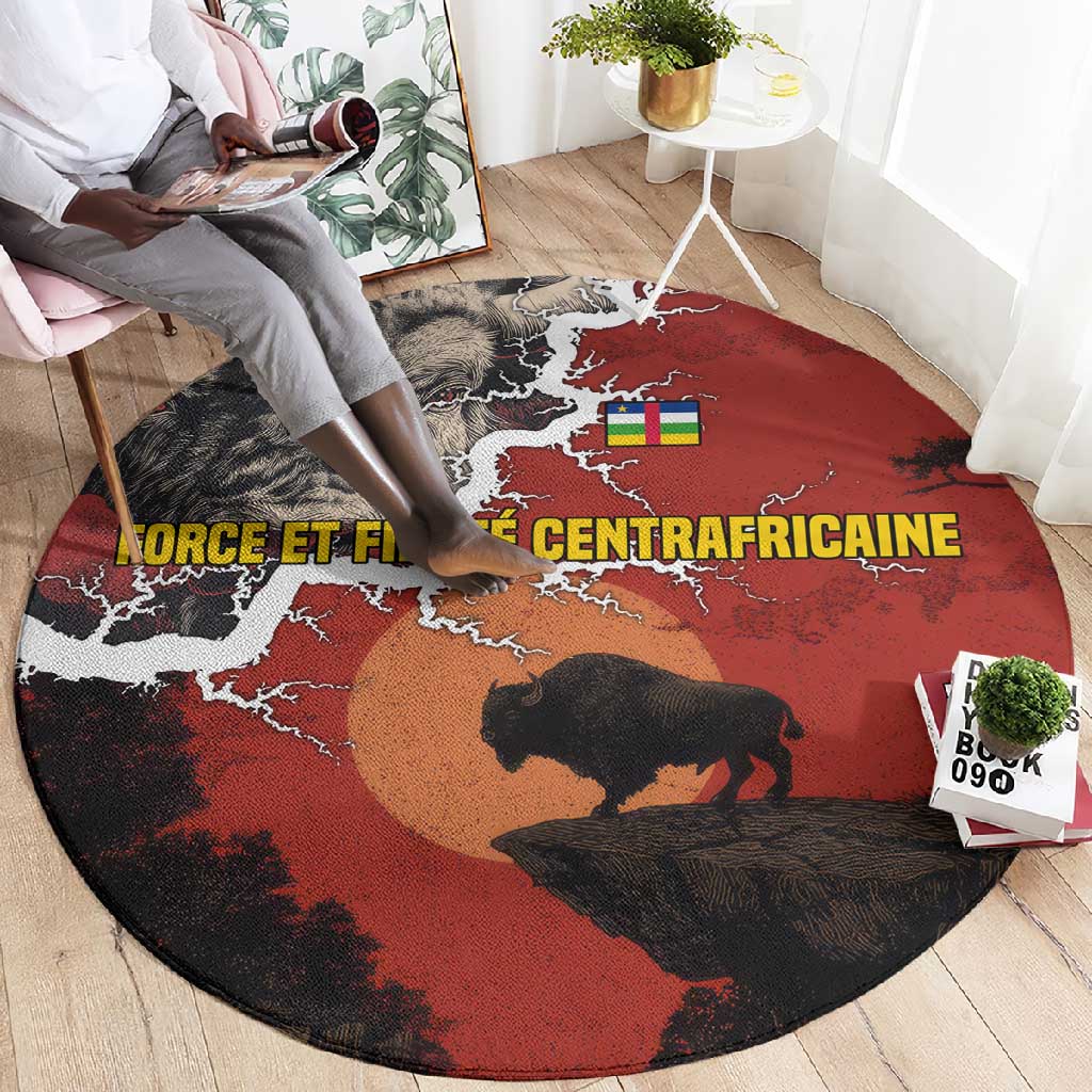 Central African Republic Round Carpet Red Black Nature Design and Buffalo - African Pride