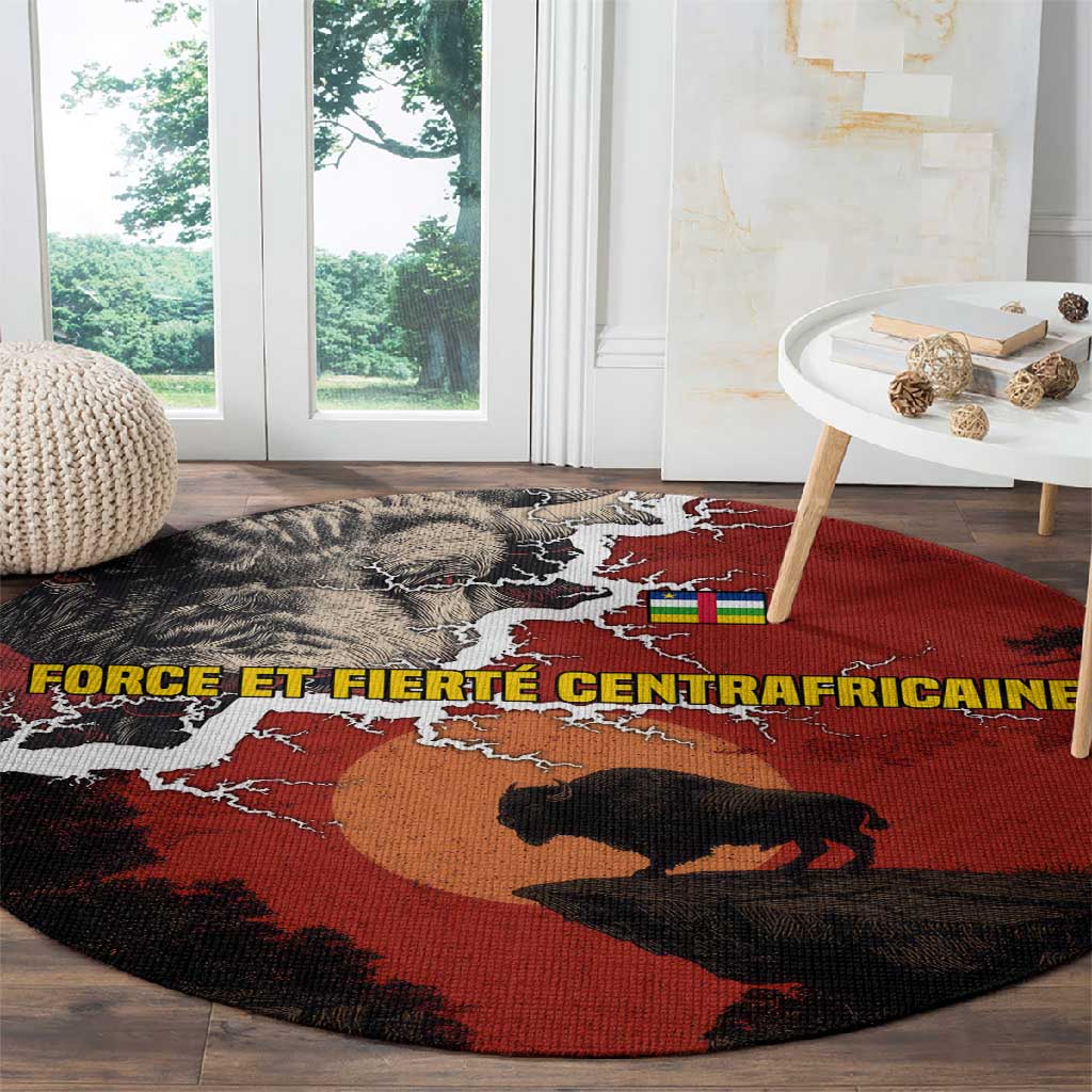 Central African Republic Round Carpet Red Black Nature Design and Buffalo - African Pride