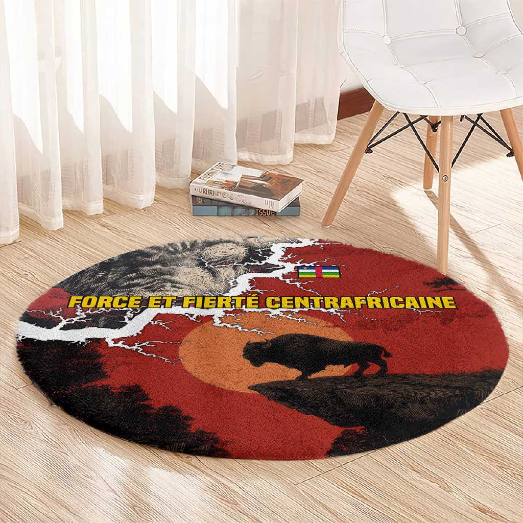 Central African Republic Round Carpet Red Black Nature Design and Buffalo - African Pride